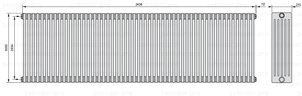 Схема (чертеж) Радиатор Zehnder Charleston 6300/53 №1270 Белый глянцевый RAL 9016